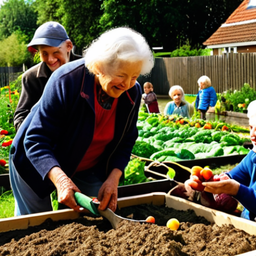 A vibrant community garden in a small Dutch village, with people of all ages working together, sharing tools and laughter. Overflowing vegetable patches and children helping an elderly woman. Focus on the sense of community and shared abundance. Warm, sunny lighting.