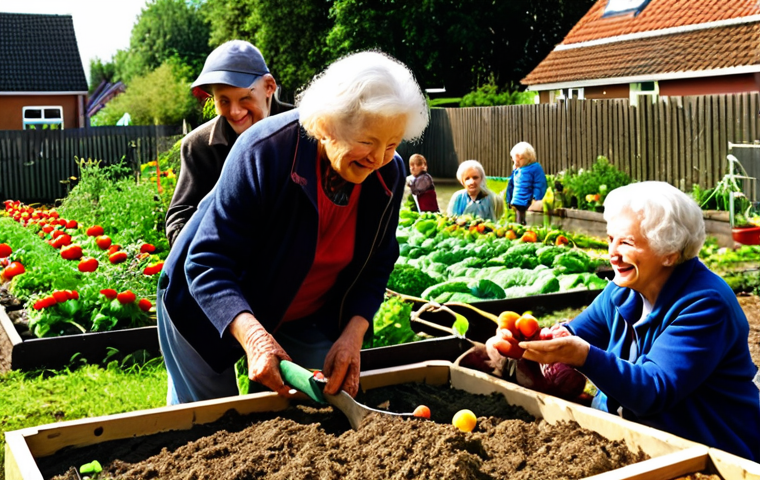 A vibrant community garden in a small Dutch village, with people of all ages working together, sharing tools and laughter. Overflowing vegetable patches and children helping an elderly woman. Focus on the sense of community and shared abundance. Warm, sunny lighting.