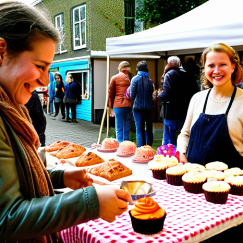 **Prompt:** A vibrant local swap meet in a cozy Dutch neighborhood. People are exchanging goods and services with smiles. Stalls display homemade cakes, handcrafted items, and pre-loved clothes. Soft, natural lighting, emphasizing community and sustainability. Focus on the joy of connection, not monetary value.