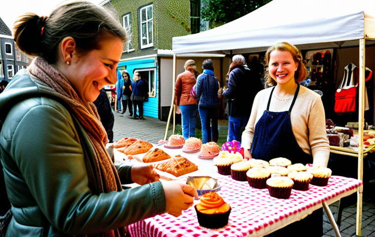 **Prompt:** A vibrant local swap meet in a cozy Dutch neighborhood. People are exchanging goods and services with smiles. Stalls display homemade cakes, handcrafted items, and pre-loved clothes. Soft, natural lighting, emphasizing community and sustainability. Focus on the joy of connection, not monetary value.