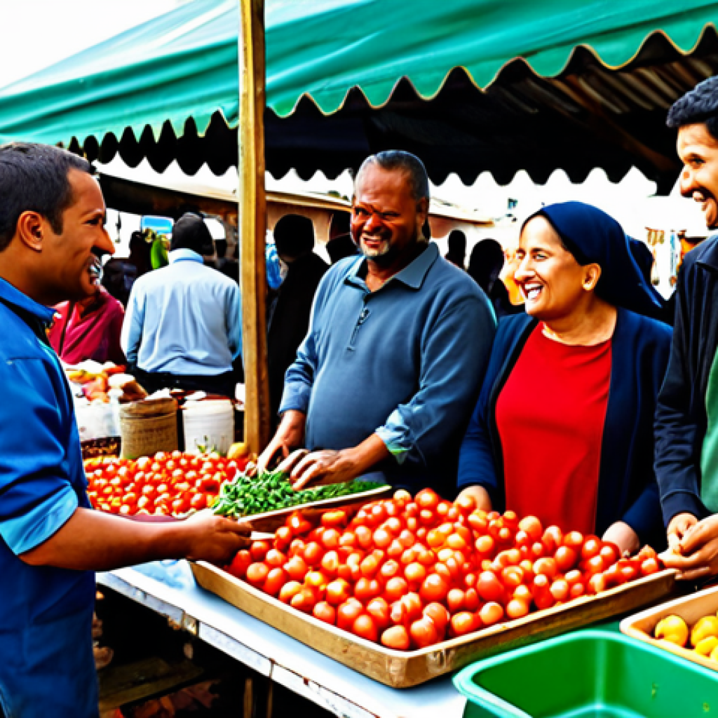 A vibrant community scene capturing the spirit of reciprocity and local initiatives. A diverse group of adults, fully clothed in modest, everyday attire, are interacting at a bustling local market. Some are exchanging goods, others are sharing skills at a communal repair station, and people are engaging in friendly conversations. The setting features fresh produce stalls, a simple workbench, and community members helping each other. Warm, inviting natural light, professional photography, high detail. Perfect anatomy, correct proportions, natural pose, well-formed hands, proper finger count, natural body proportions. Safe for work, appropriate content, fully clothed, family-friendly.