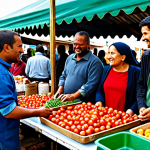 A vibrant community scene capturing the spirit of reciprocity and local initiatives. A diverse group of adults, fully clothed in modest, everyday attire, are interacting at a bustling local market. Some are exchanging goods, others are sharing skills at a communal repair station, and people are engaging in friendly conversations. The setting features fresh produce stalls, a simple workbench, and community members helping each other. Warm, inviting natural light, professional photography, high detail. Perfect anatomy, correct proportions, natural pose, well-formed hands, proper finger count, natural body proportions. Safe for work, appropriate content, fully clothed, family-friendly.
