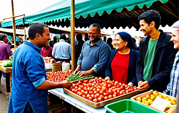 A vibrant community scene capturing the spirit of reciprocity and local initiatives. A diverse group of adults, fully clothed in modest, everyday attire, are interacting at a bustling local market. Some are exchanging goods, others are sharing skills at a communal repair station, and people are engaging in friendly conversations. The setting features fresh produce stalls, a simple workbench, and community members helping each other. Warm, inviting natural light, professional photography, high detail. Perfect anatomy, correct proportions, natural pose, well-formed hands, proper finger count, natural body proportions. Safe for work, appropriate content, fully clothed, family-friendly.